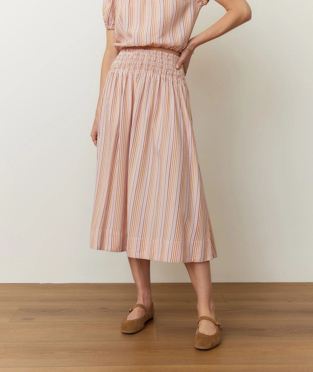 Marine Layer Bea Seersucker Midi Skirt Pink Stripe Medium